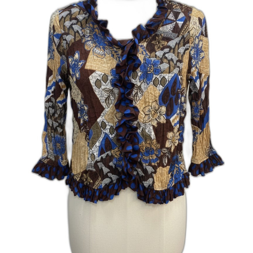 Jaipur · Crinkle Texture Floral Polka-Dot Blouse · Small · BrownBlue