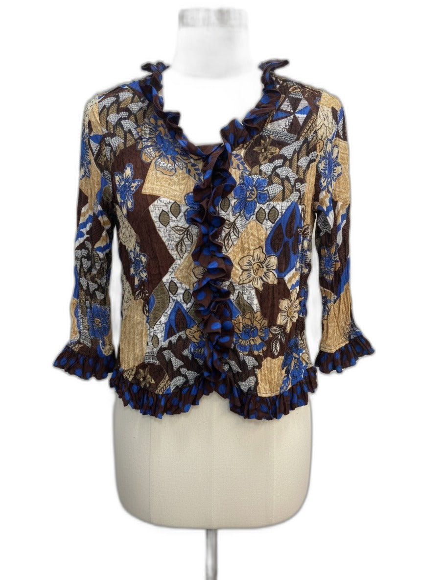 Jaipur · Crinkle Texture Floral Polka-Dot Blouse · Small · BrownBlue