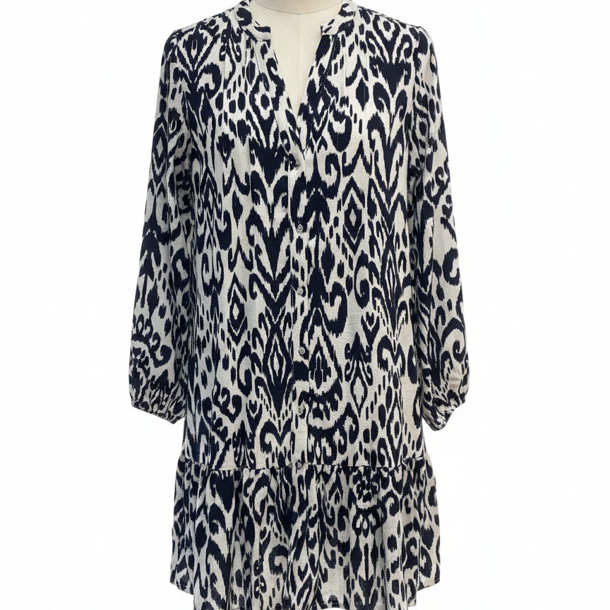 Tahari · Longsleeve Dress With Pockets and Ruffle Detail · Small · NavyWhite