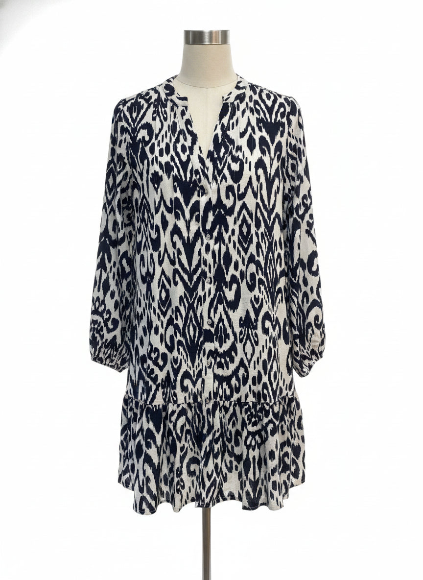 Tahari · Longsleeve Dress With Pockets and Ruffle Detail · Small · NavyWhite
