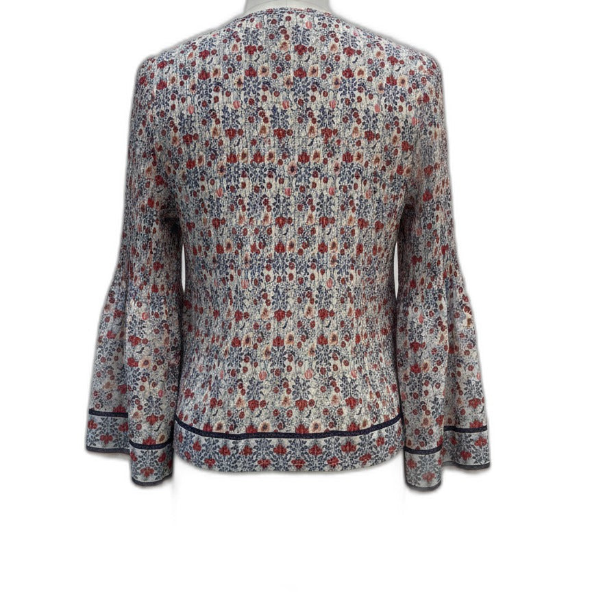 Max Studio · Bell Sleeve Pleated Top · Large · Cream, Blue, Red Floral