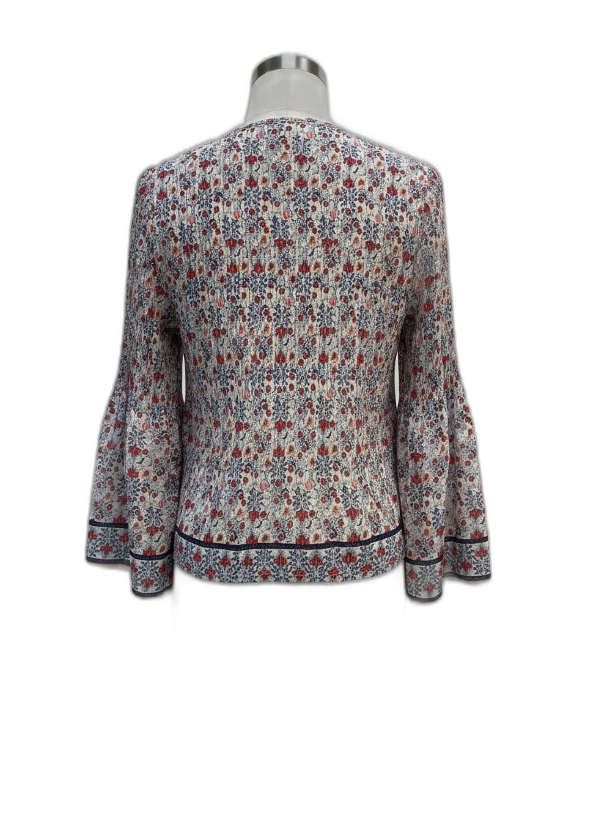 Max Studio · Bell Sleeve Pleated Top · Large · Cream, Blue, Red Floral