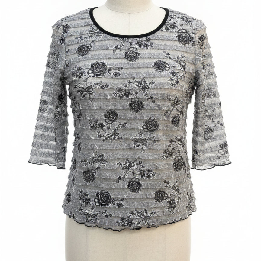 Jane + Eric · BlackWhite Floral Print Jane & Eric Ruffle Detail · Small · Black and White