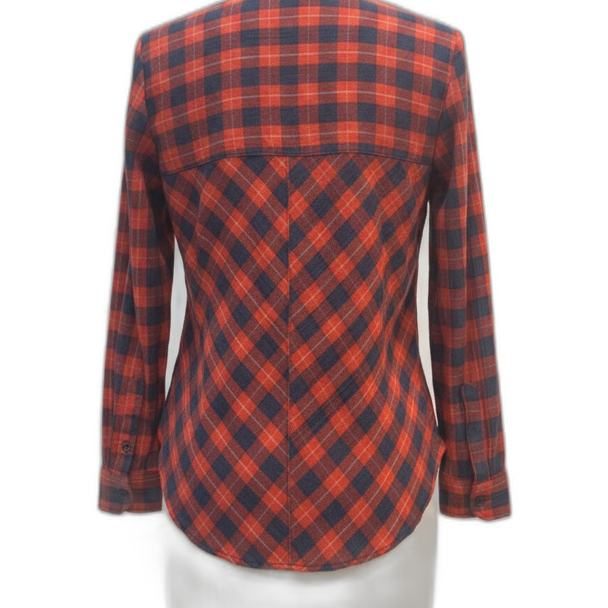 Free People · Long Sleeve Shirt · Medium · Navy/Orange Plaid