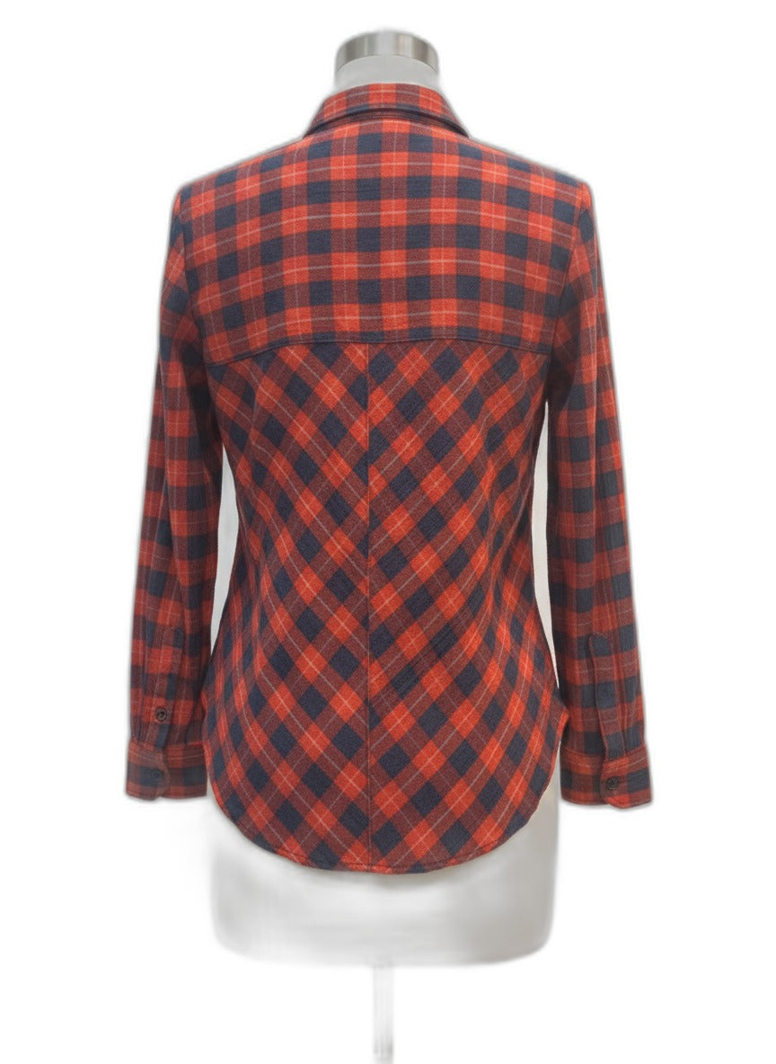 Free People · Long Sleeve Shirt · Medium · Navy/Orange Plaid