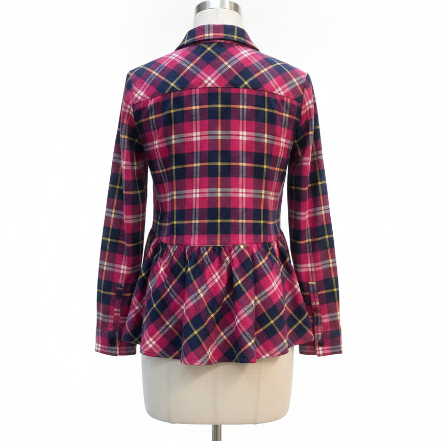 Sundance · Plaid Peplum Top · Medium · FuchsiaNavy