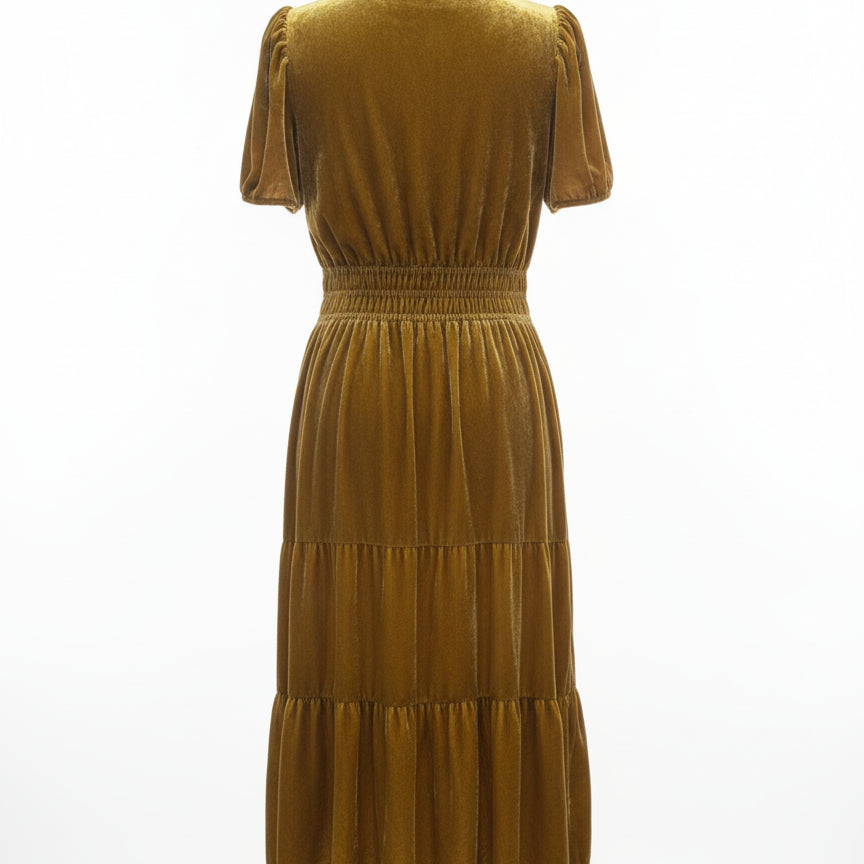 Anthropologie · Velvet Smocked Waist Tiered Maxi Dress · Large P · Dijon