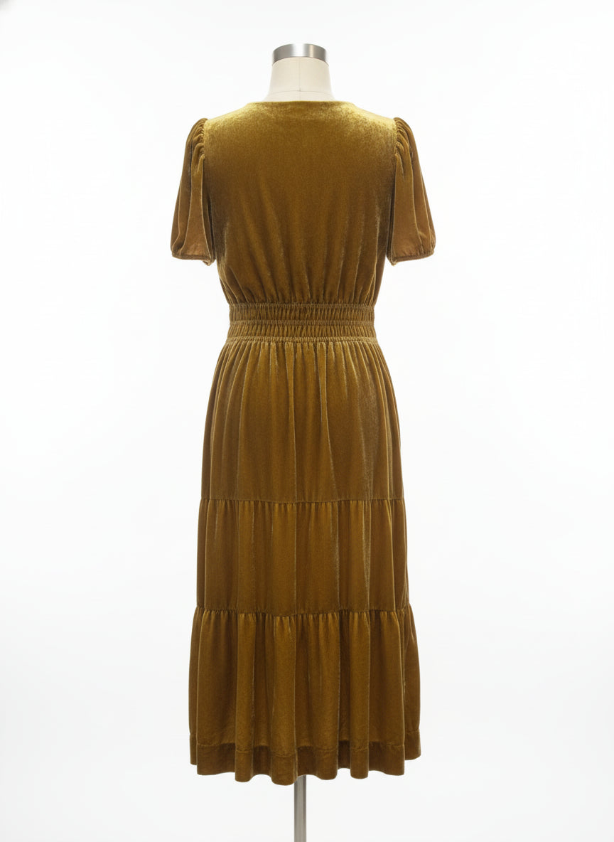 Anthropologie · Velvet Smocked Waist Tiered Maxi Dress · Large P · Dijon