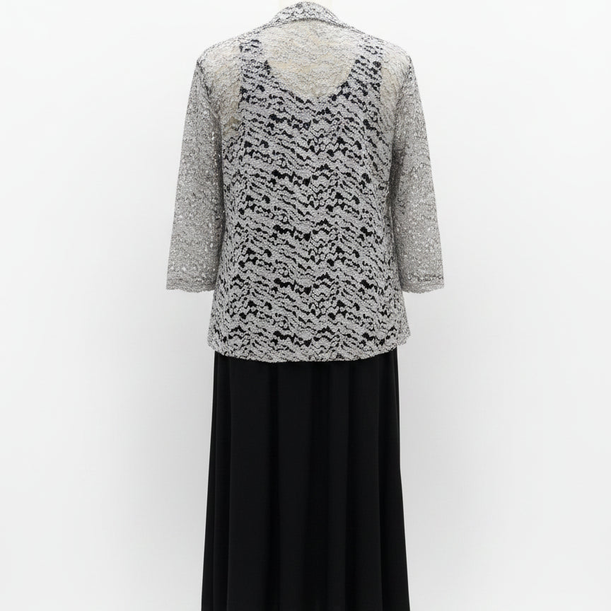 R&M Richards · SL dress with hologram shimmer cardigan · 16 · Black