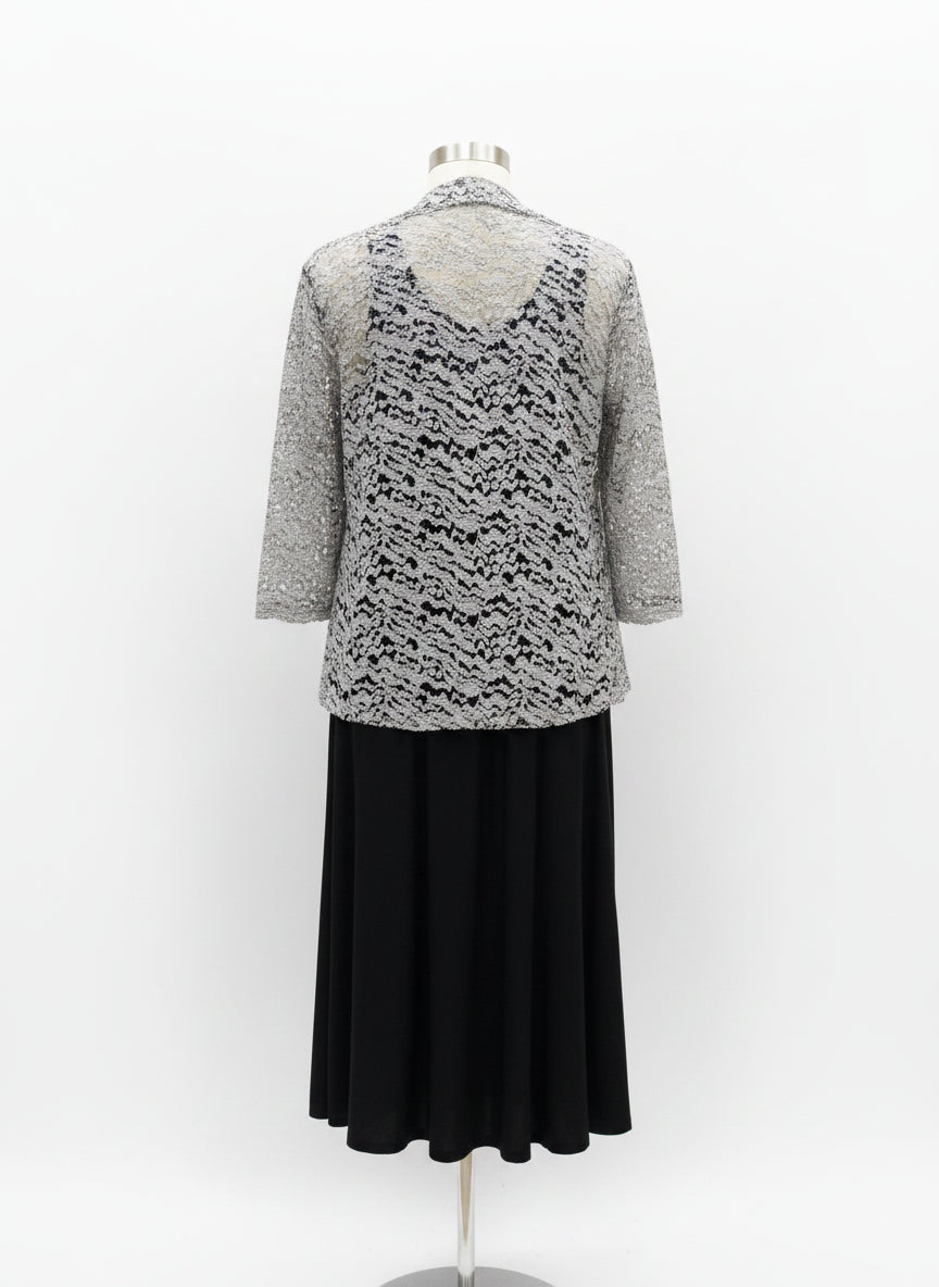 R&M Richards · SL dress with hologram shimmer cardigan · 16 · Black