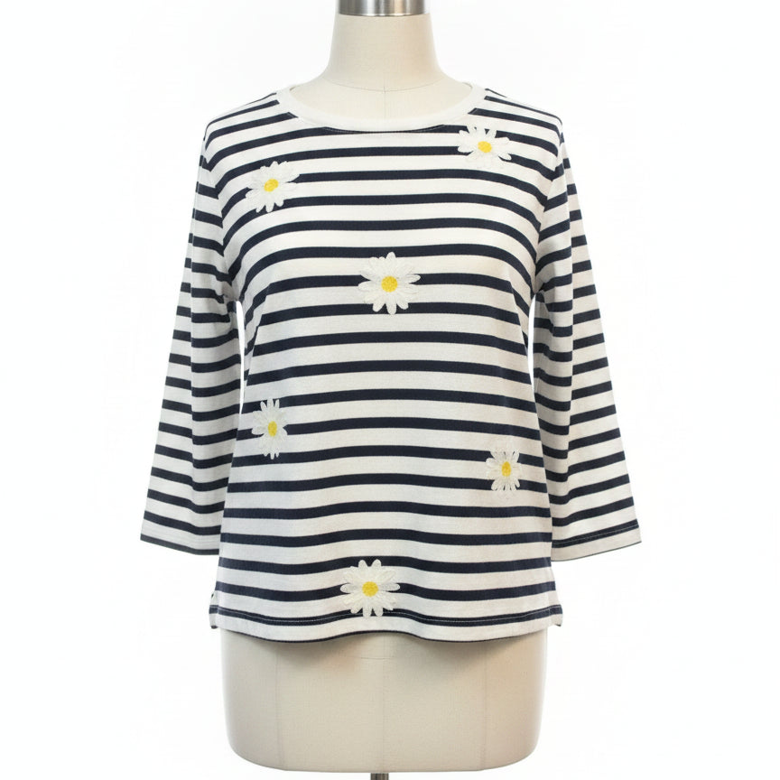Talbots · Daisy Embroidery 3/4 Sleeve · Small · Navy/White Striped
