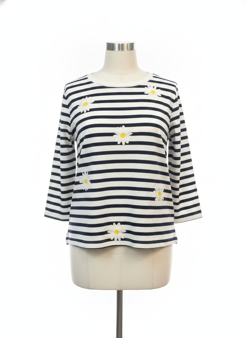 Talbots · Daisy Embroidery 3/4 Sleeve · Small · Navy/White Striped