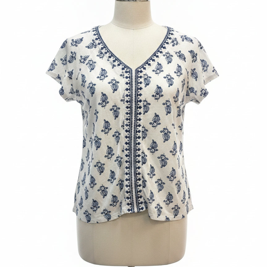 PureJill · Short Sleeve Top Floral Print · Small · WhiteNavy