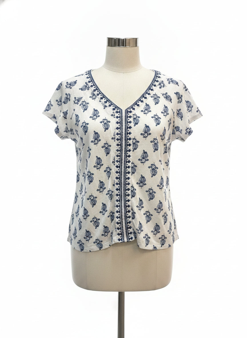 PureJill · Short Sleeve Top Floral Print · Small · WhiteNavy