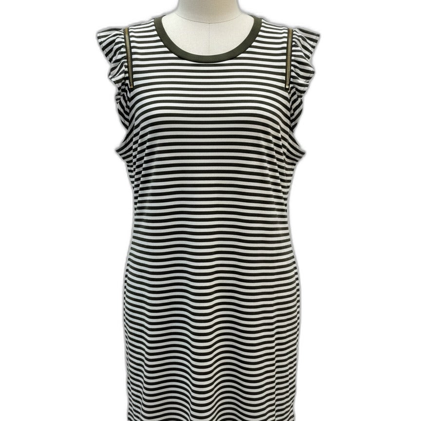 Michael Kors · Striped Sleeveless Dress with Zipper Sleeve Detail · XLarge · OliveWhite