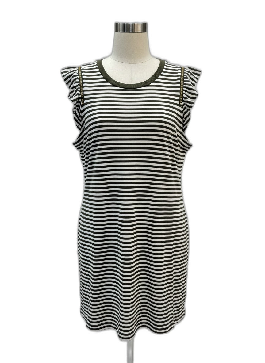 Michael Kors · Striped Sleeveless Dress with Zipper Sleeve Detail · XLarge · OliveWhite