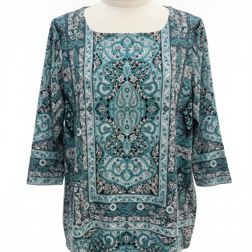 Charter Club · Tunic Top · 2X · Teal, Cream, Black Paisley
