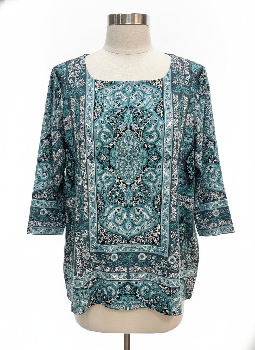 Charter Club · Tunic Top · 2X · Teal, Cream, Black Paisley