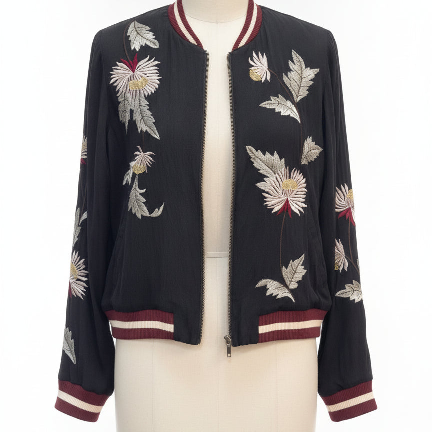 Anthropologie Elevenses · Floral Embroidered Bomber Jacket · Medium · Black
