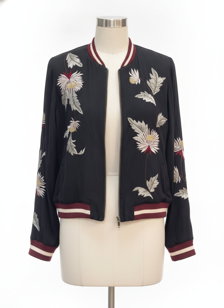 Anthropologie Elevenses · Floral Embroidered Bomber Jacket · Medium · Black