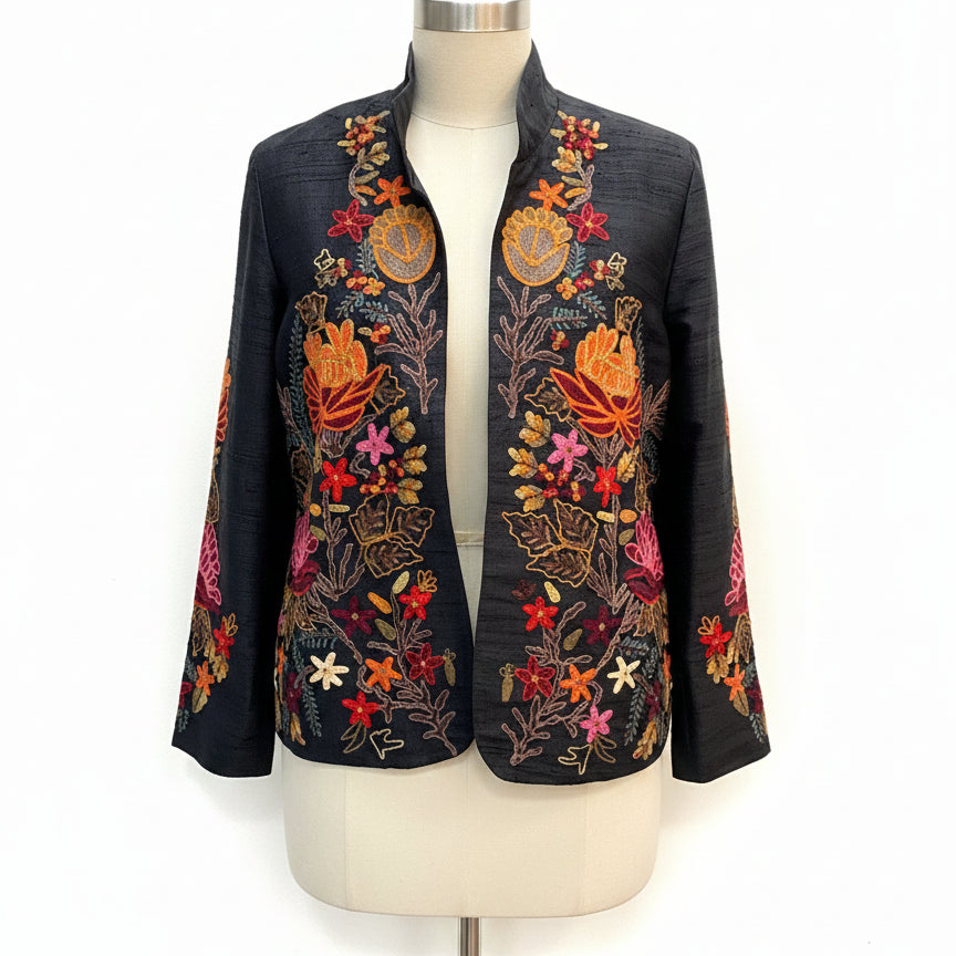 Anu · Embroidered Open Jacket · Large · BlackFloral