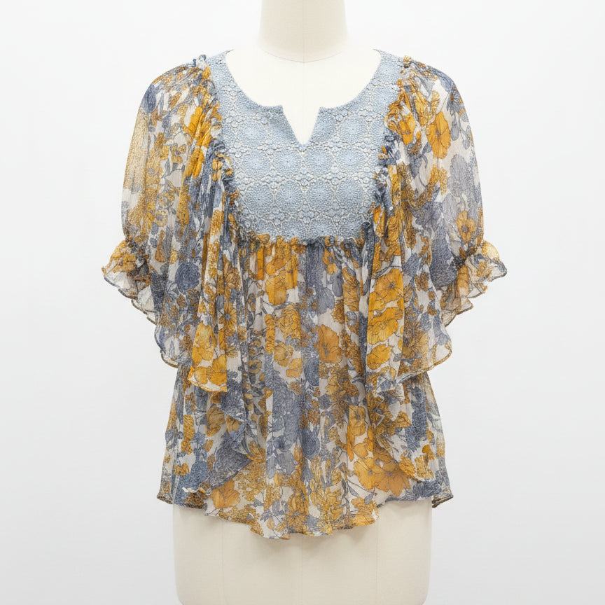 Anthropologie · Blue Tassel Batwing Blouse · Medium · BlueFloral