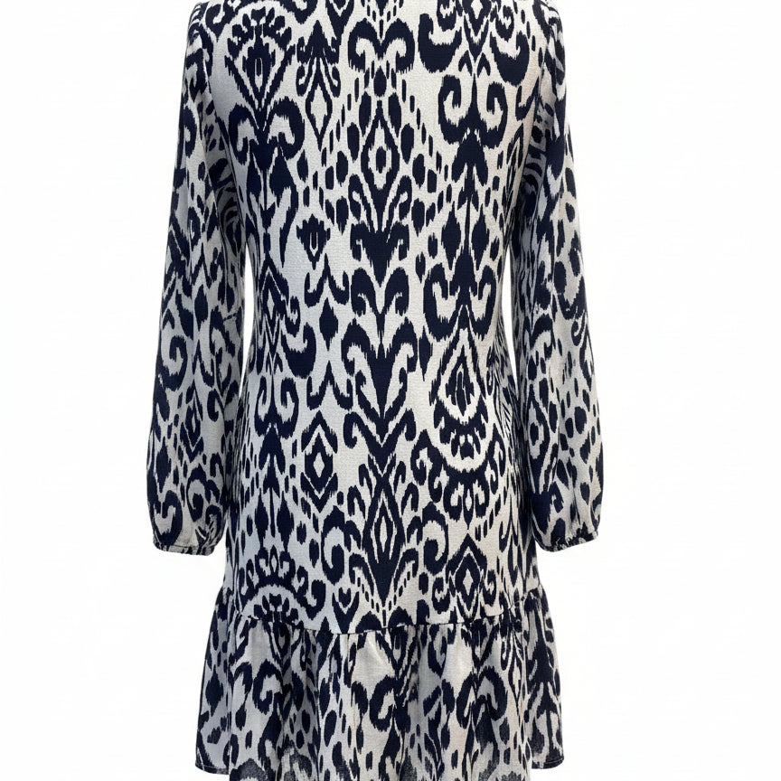 Tahari · Longsleeve Dress With Pockets and Ruffle Detail · Small · NavyWhite