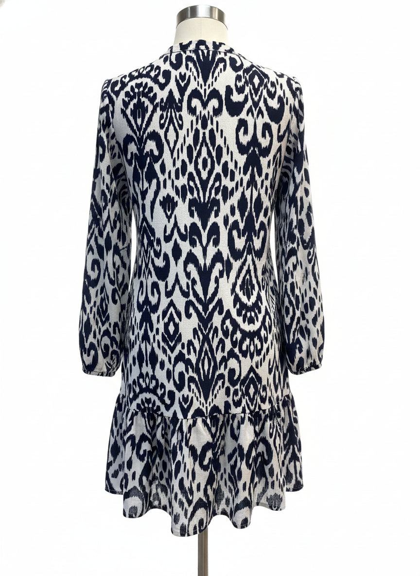 Tahari · Longsleeve Dress With Pockets and Ruffle Detail · Small · NavyWhite