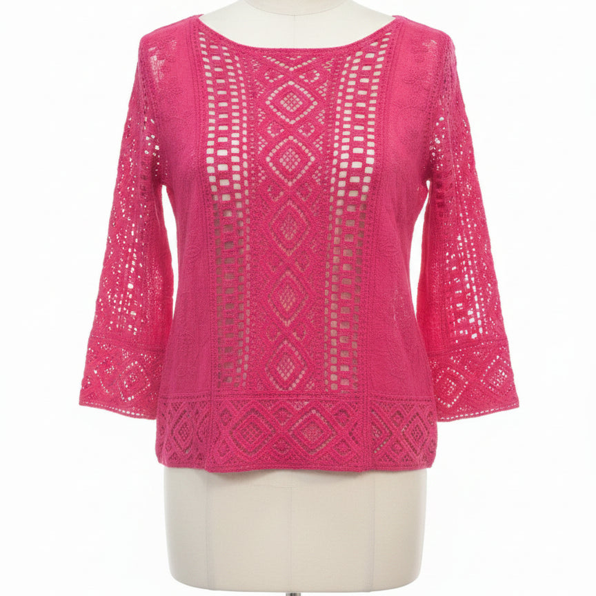 Anthropologie · Blue Tassel Hot Pink Embroidered Lace Top · Small · Hot Pink