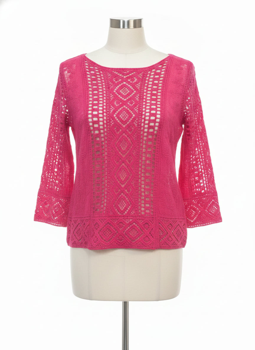 Anthropologie · Blue Tassel Hot Pink Embroidered Lace Top · Small · Hot Pink