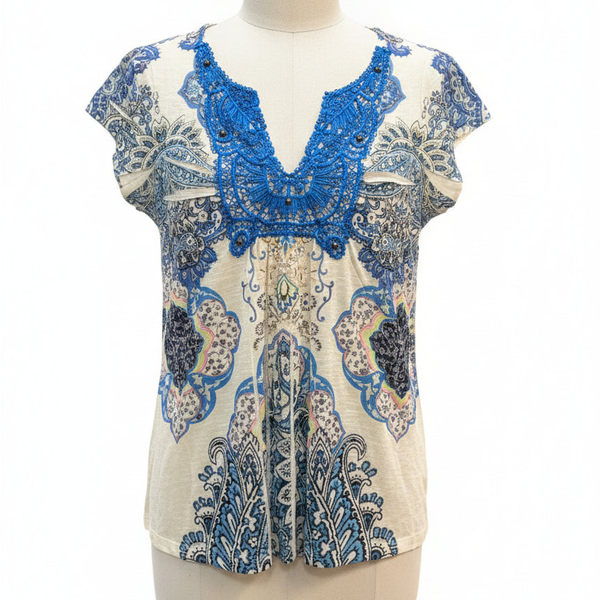 Unity World Wear · Paisley Print V-Neck Embellished Lace Top · Small · CreamBlue