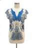 Unity World Wear · Paisley Print V-Neck Embellished Lace Top · Small · CreamBlue