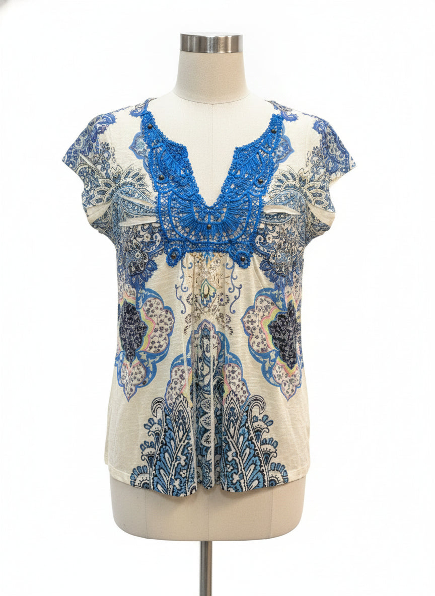 Unity World Wear · Paisley Print V-Neck Embellished Lace Top · Small · CreamBlue