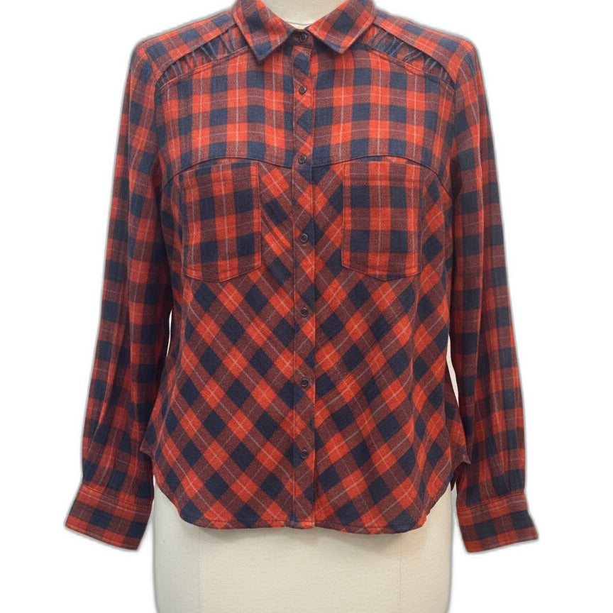 Free People · Long Sleeve Shirt · Medium · Navy/Orange Plaid