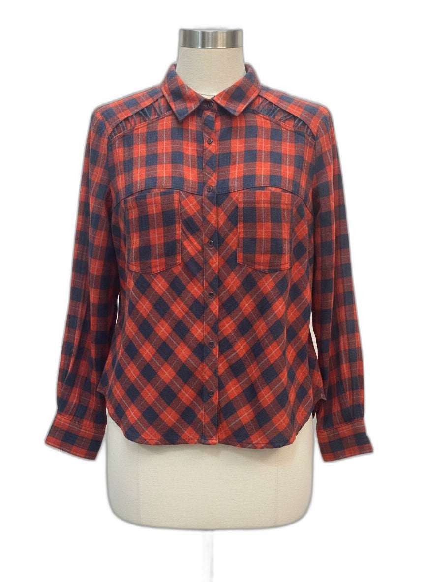 Free People · Long Sleeve Shirt · Medium · Navy/Orange Plaid