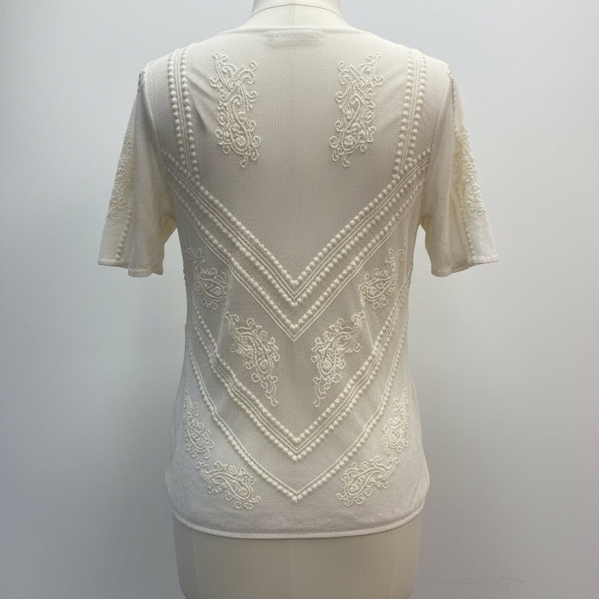 LuckyBrand · Embroidered Mesh Top · Small · Cream