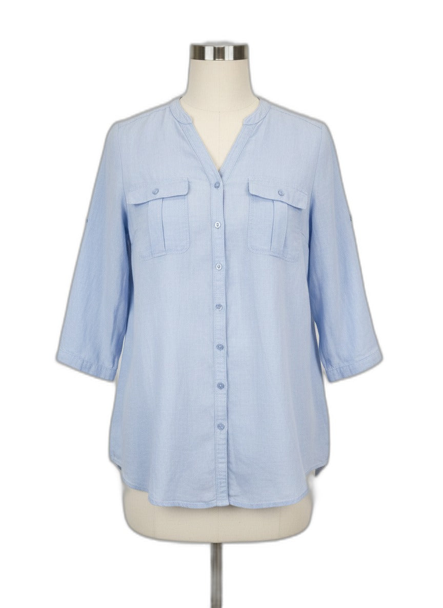 Nicole Miller · Roll Tab Shirt · Large · LightBlue