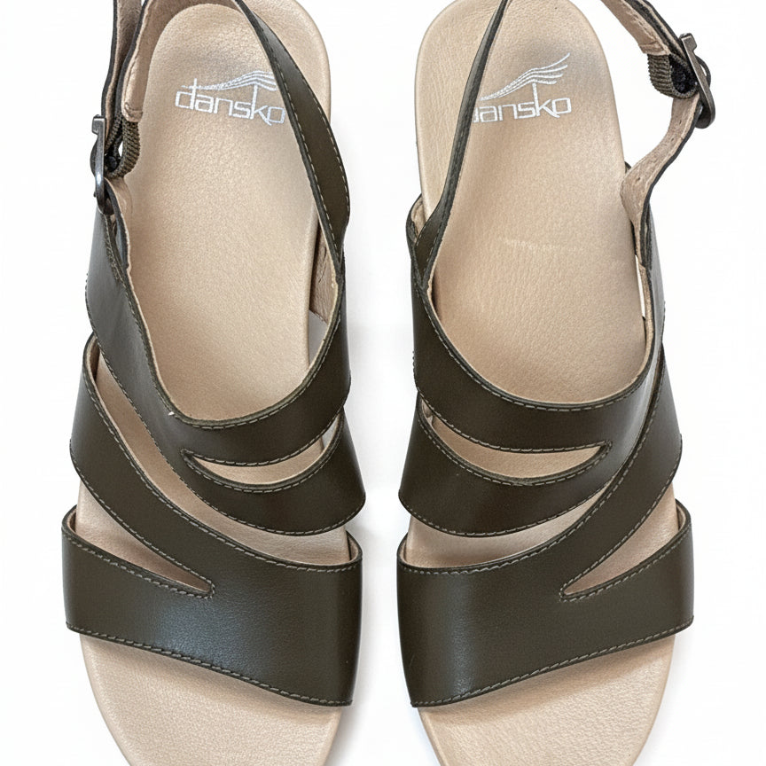 Dansko · Ashlee Burnished Calf Chunky Heel Sandal · 9.5 · Olive