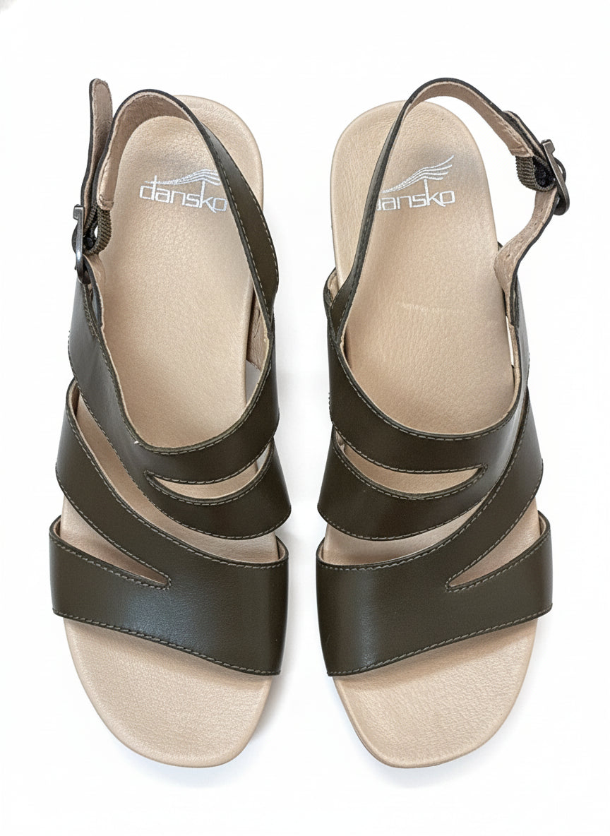 Dansko · Ashlee Burnished Calf Chunky Heel Sandal · 9.5 · Olive