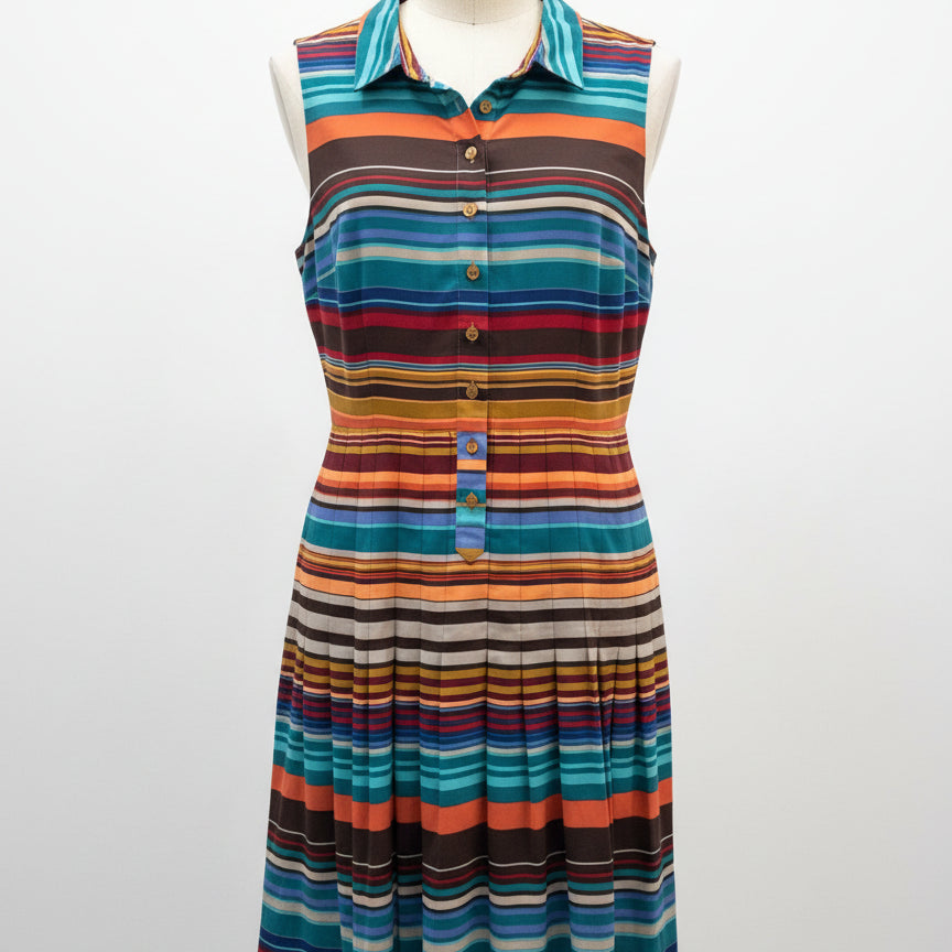 Calvin Klein · Sleeveless Pleated Dress · 10 · TealMulti Striped
