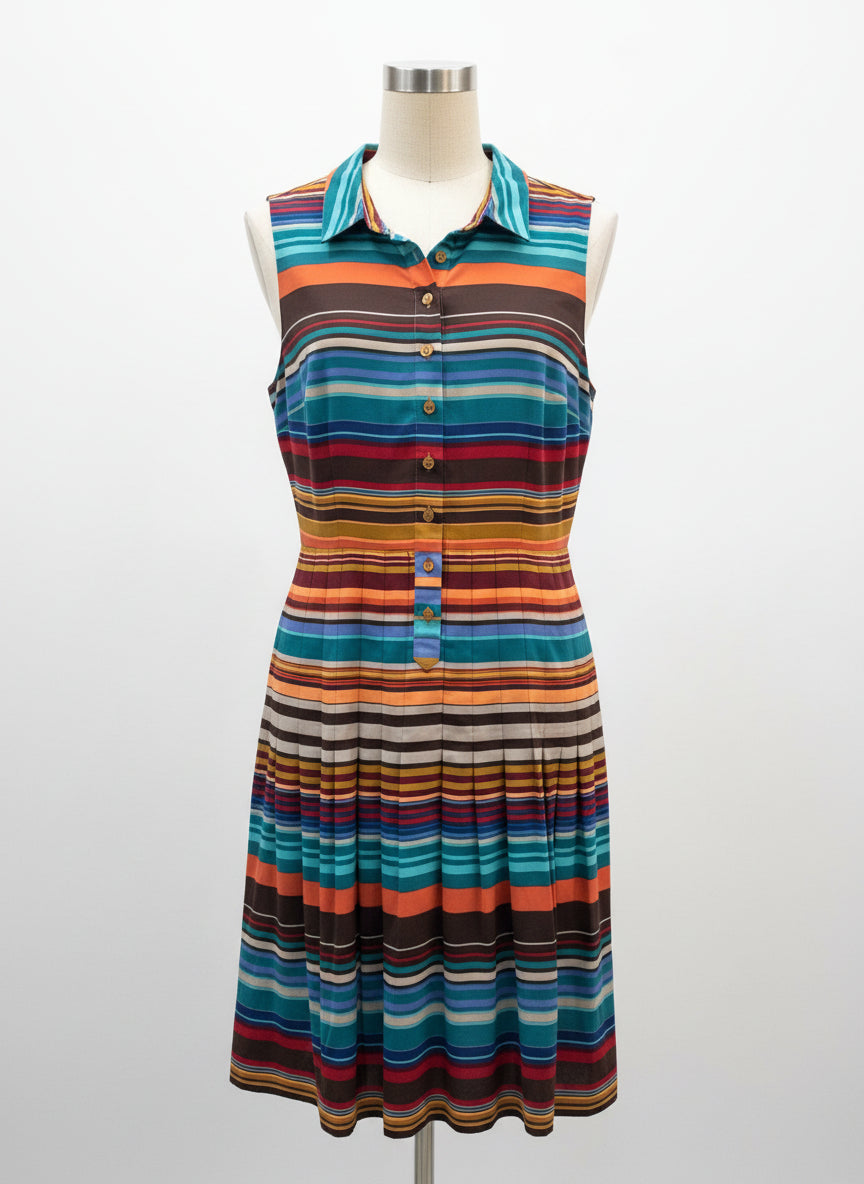 Calvin Klein · Sleeveless Pleated Dress · 10 · TealMulti Striped