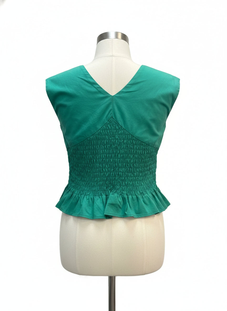 Blue Tassel · Poplin Cotton Twist Front Cap Sleeve Cropped Smocked · Small · Green