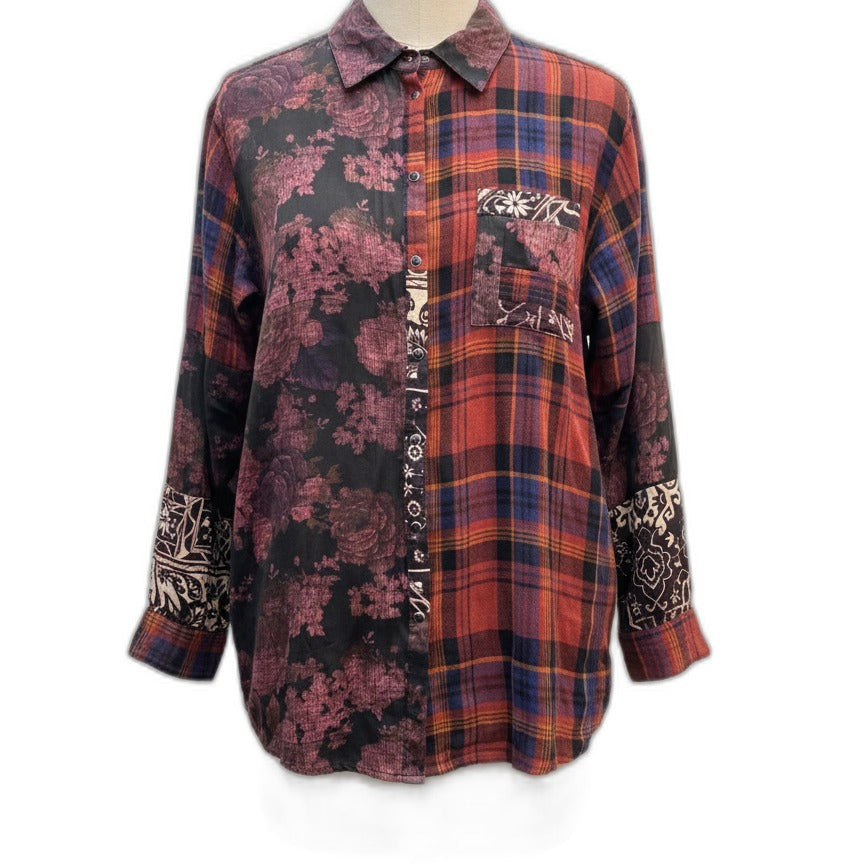 JohnnyWas · PlumOrg Plaid 100% Silk and Cotton Floral Print · XSmall · PlumOrg Plaid