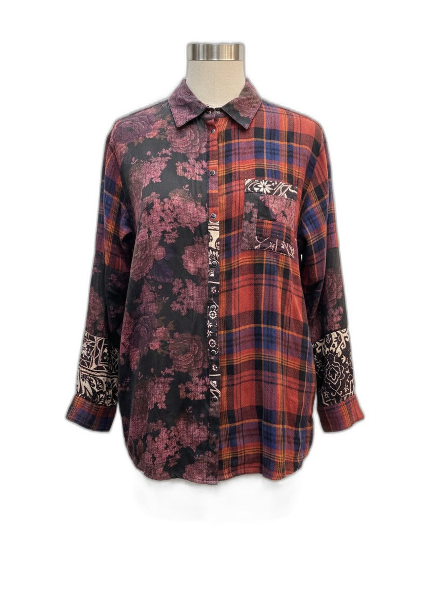JohnnyWas · PlumOrg Plaid 100% Silk and Cotton Floral Print · XSmall · PlumOrg Plaid