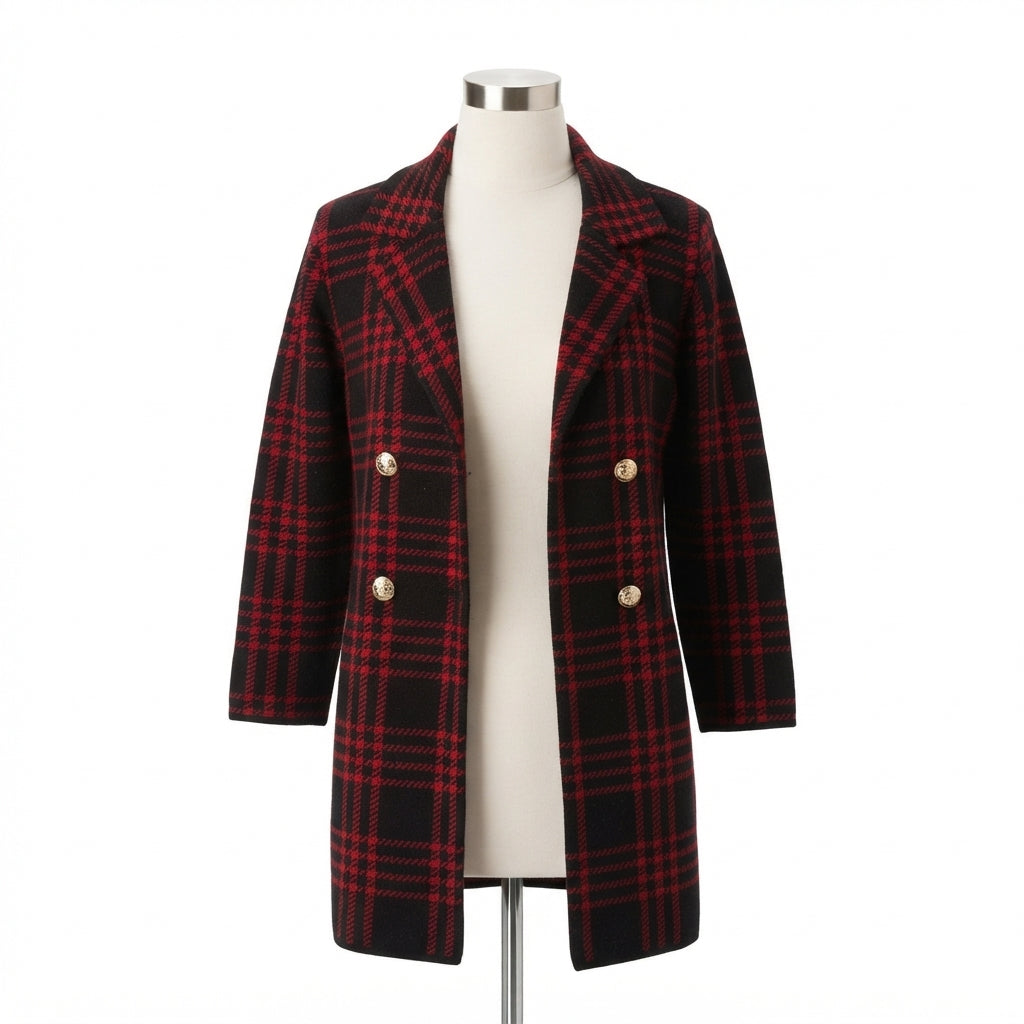 Anne Klein · Blazer style knit cardigan · Medium · RedBlack Plaid