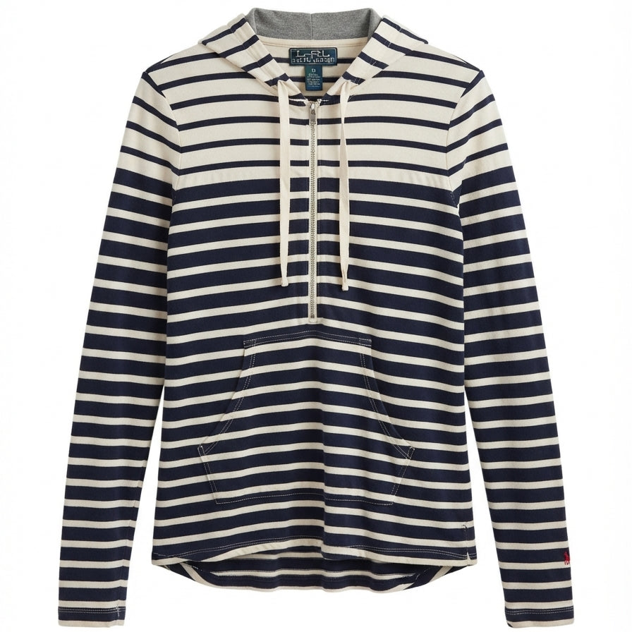 Ralph Lauren · 1/4 Zip Hoodie Cotton Blend · Medium · NavyCream Striped