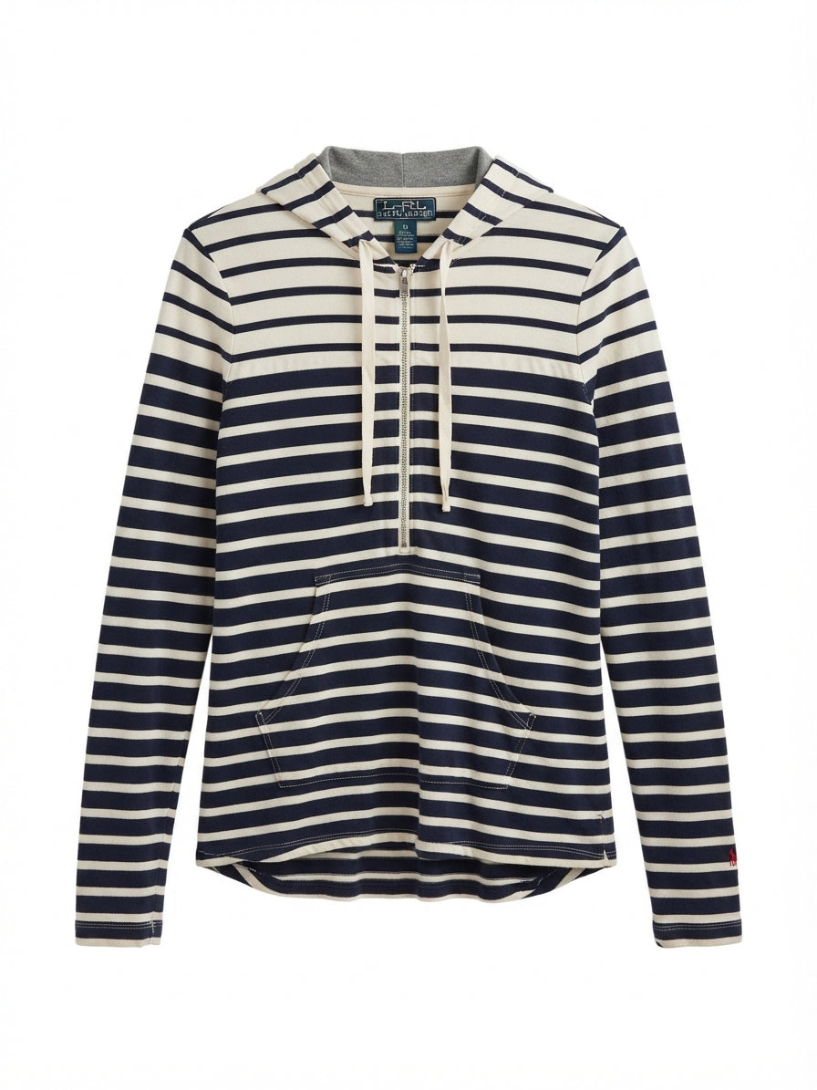 Ralph Lauren · 1/4 Zip Hoodie Cotton Blend · Medium · NavyCream Striped