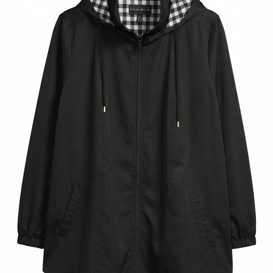 Susan Graver · RainCoat Black Hooded Gingham Lining · 1X · Black