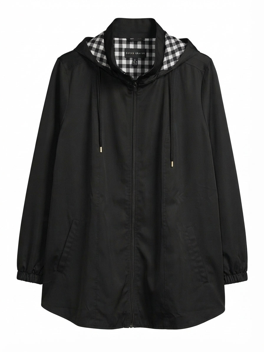Susan Graver · RainCoat Black Hooded Gingham Lining · 1X · Black