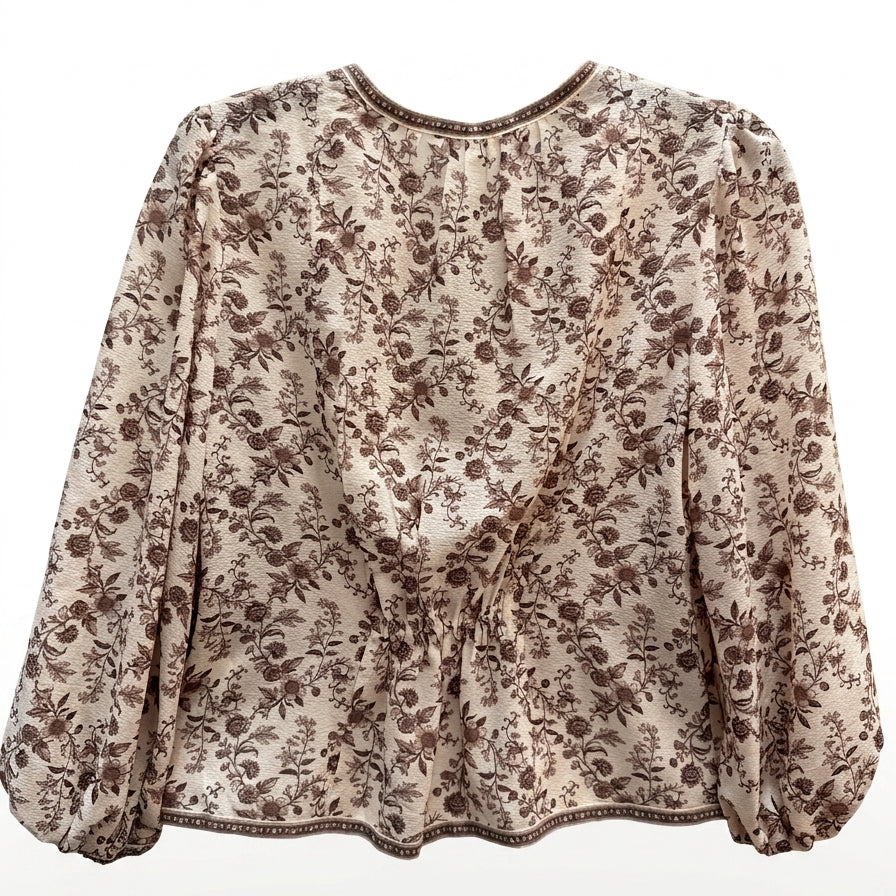 Max Studio · Balloon Sleeve CreamFloral Pleated Blouse · Small · CreamFloral